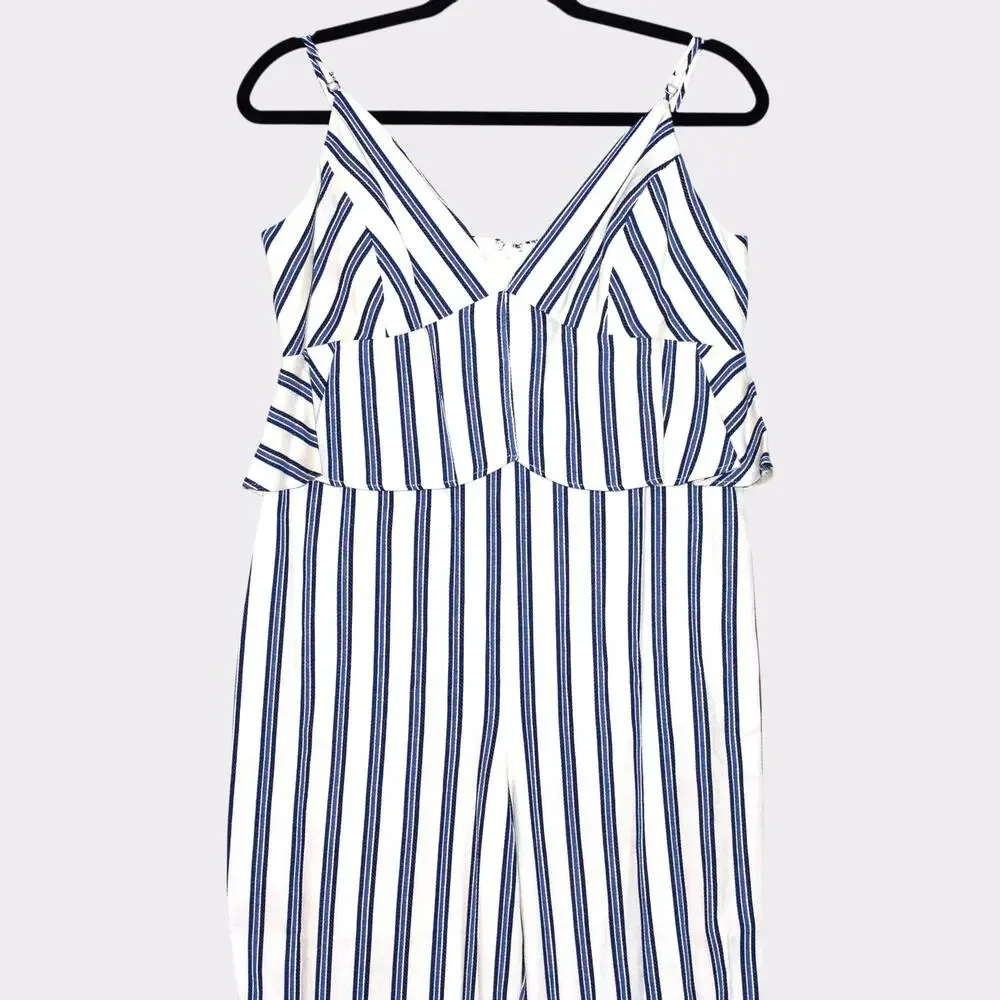 BCBGeneration Blue Striped Peplum Jumpsuit Size 12 NWT